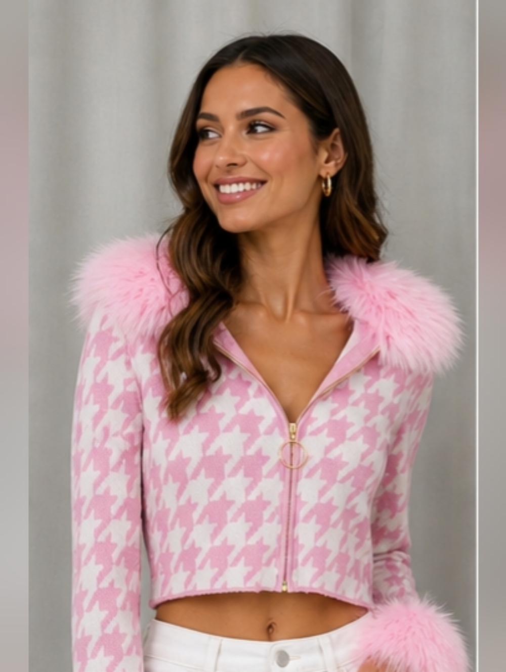 Show Me Your MuMu Pink Houndstooth Faux Fur Trim Cropped Cardigan